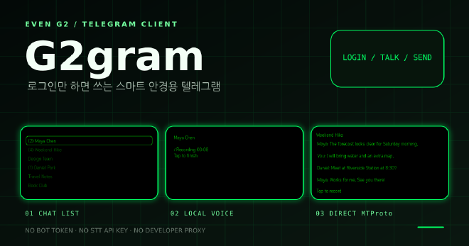 Even G2용 텔레그램 플러그인 G2gram의 채팅 목록과 로컬 음성 입력, 그룹 대화 화면