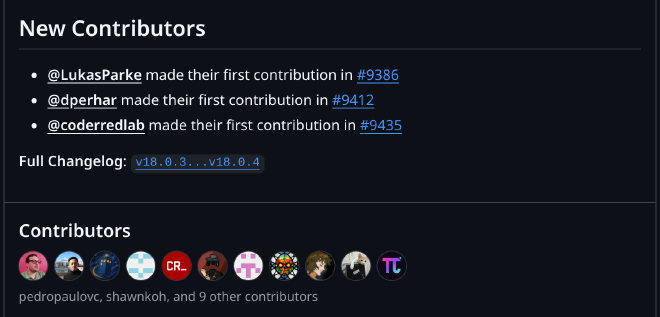 OMP v18.0.4 새 기여자 목록에 coderredlab과 풀 리퀘스트 9435가 표시된 GitHub 릴리스 화면
