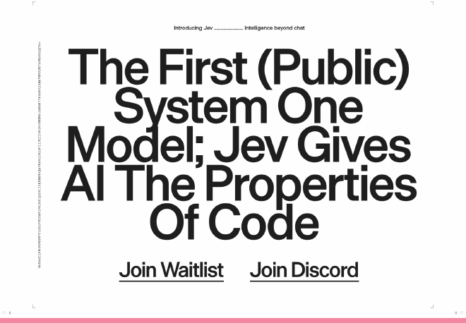 Jev를 첫 공개 System One 모델로 소개하고 AI에 코드의 성질을 부여한다고 설명하는 TypeSafe AI 공식 사이트