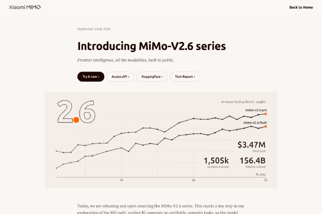 MiMo-V2.6 Pro와 Flash의 강화학습 진행 결과를 소개하는 샤오미 공식 발표 화면