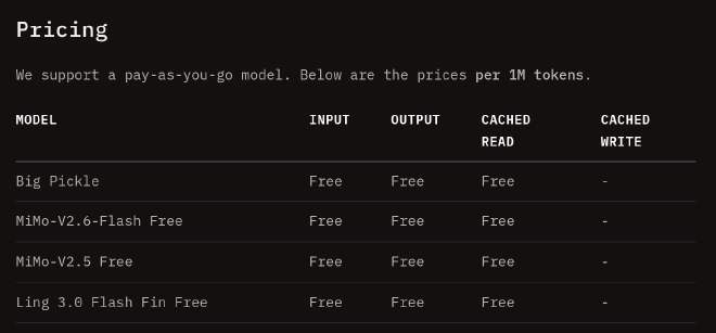 MiMo-V2.6-Flash Free의 입력, 출력, 캐시 읽기를 Free로 표시한 OpenCode Zen 가격표