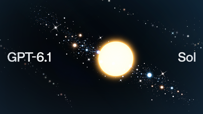 빛나는 태양과 별을 배경으로 GPT-6.1 Sol이라고 적힌 OpenAI 공식 출시 이미지