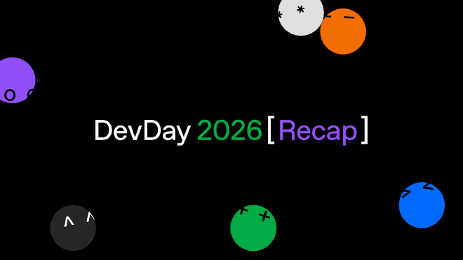 검은 배경에 DevDay 2026 Recap 문구와 여러 색의 원형 캐릭터가 있는 OpenAI 공식 이미지