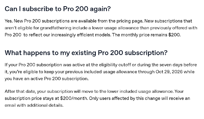 OpenAI Pro 도움말에서 신규 Pro 200의 낮아진 포함 사용량과 기존 구독자의 이전 조건 유지 기간을 설명하는 부분