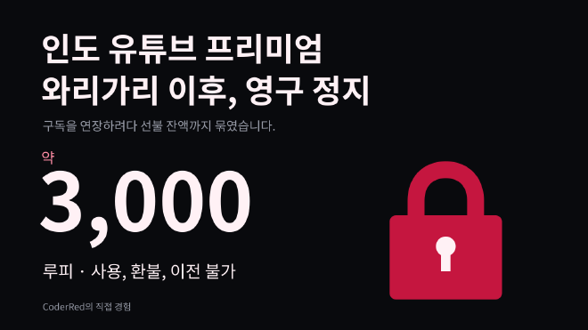 인도 유튜브 프리미엄 와리가리 이후 애플 구매 계정 영구 정지와 약 3000루피 잔액 접근 불가 경험을 표현한 그림